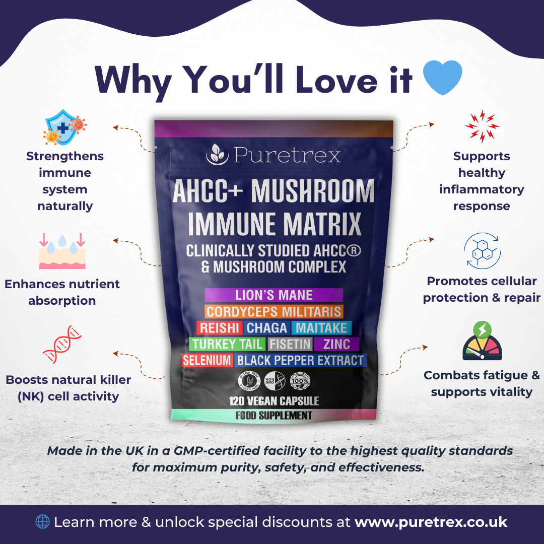 PURETREX AHCC+ Mushroom Immune Matrix benefits – strengthens immune system, supports inflammatory response, boosts NK cell activity, combats fatigue, and promotes cellular protection and repair.