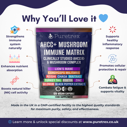 PURETREX AHCC+ Mushroom Immune Matrix benefits – strengthens immune system, supports inflammatory response, boosts NK cell activity, combats fatigue, and promotes cellular protection and repair.