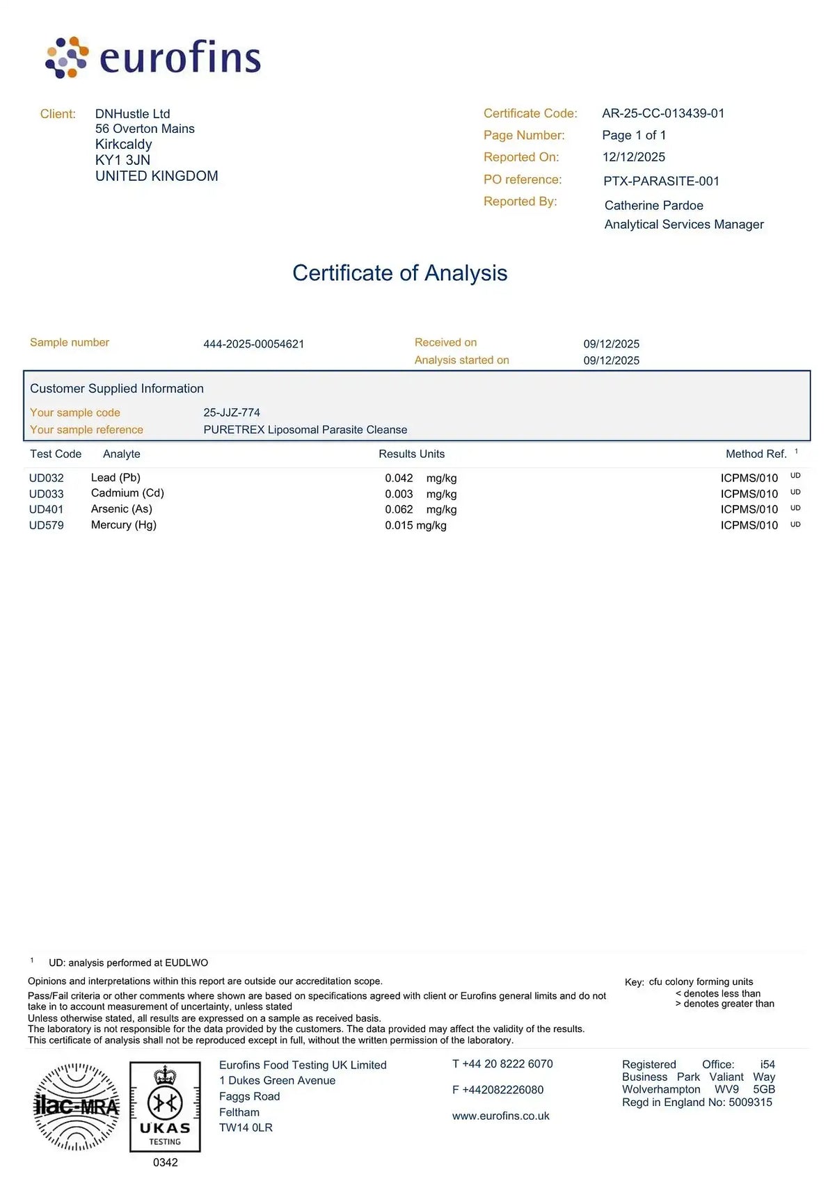 Certificate of Analysis — heavy metals test results for Wormwood Black Walnut & Oregano Capsules – Liposomal Herbal Complex