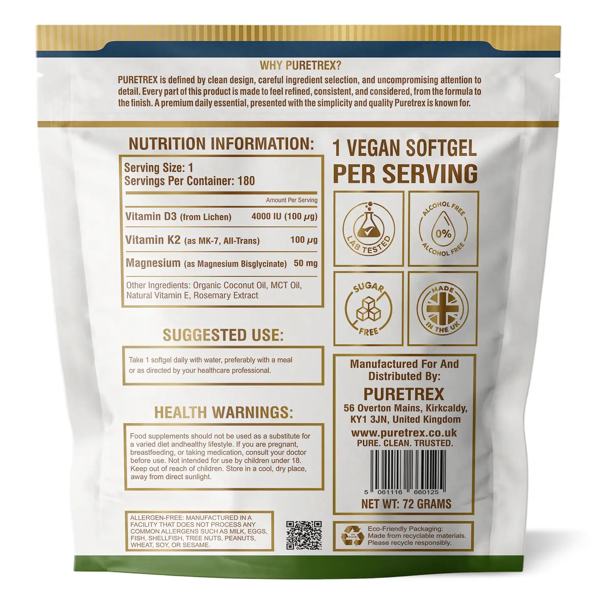 Back of a Puretrex supplement package with nutrition information and branding details.