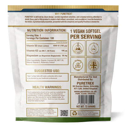 Back of a Puretrex supplement package with nutrition information and branding details.