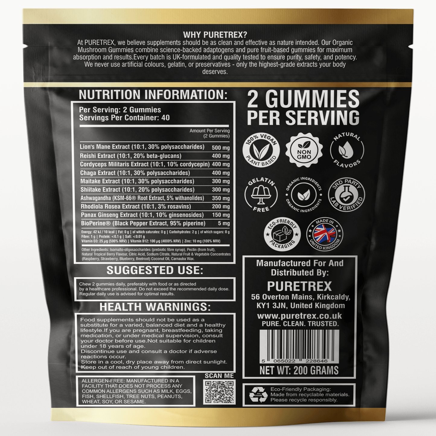 PURETREX Organic Mushroom Gummies with Lion’s Mane, Reishi, Chaga, Cordyceps, Maitake, Shiitake & Ashwagandha