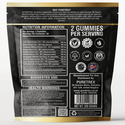 PURETREX Organic Mushroom Gummies with Lion’s Mane, Reishi, Chaga, Cordyceps, Maitake, Shiitake & Ashwagandha