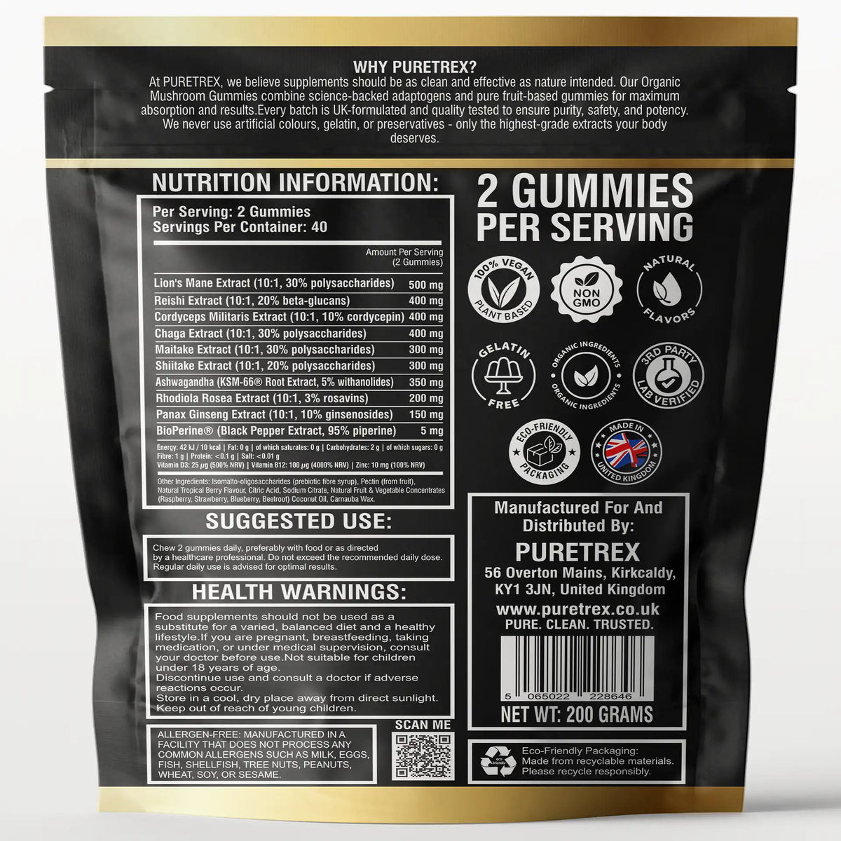 The back of a black gummy candy pouch, showing detailed product information, a nutrition facts panel, suggested use, health warnings, and a barcode with the brand name PURETREX.