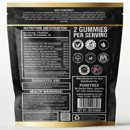 The back of a black gummy candy pouch, showing detailed product information, a nutrition facts panel, suggested use, health warnings, and a barcode with the brand name PURETREX.