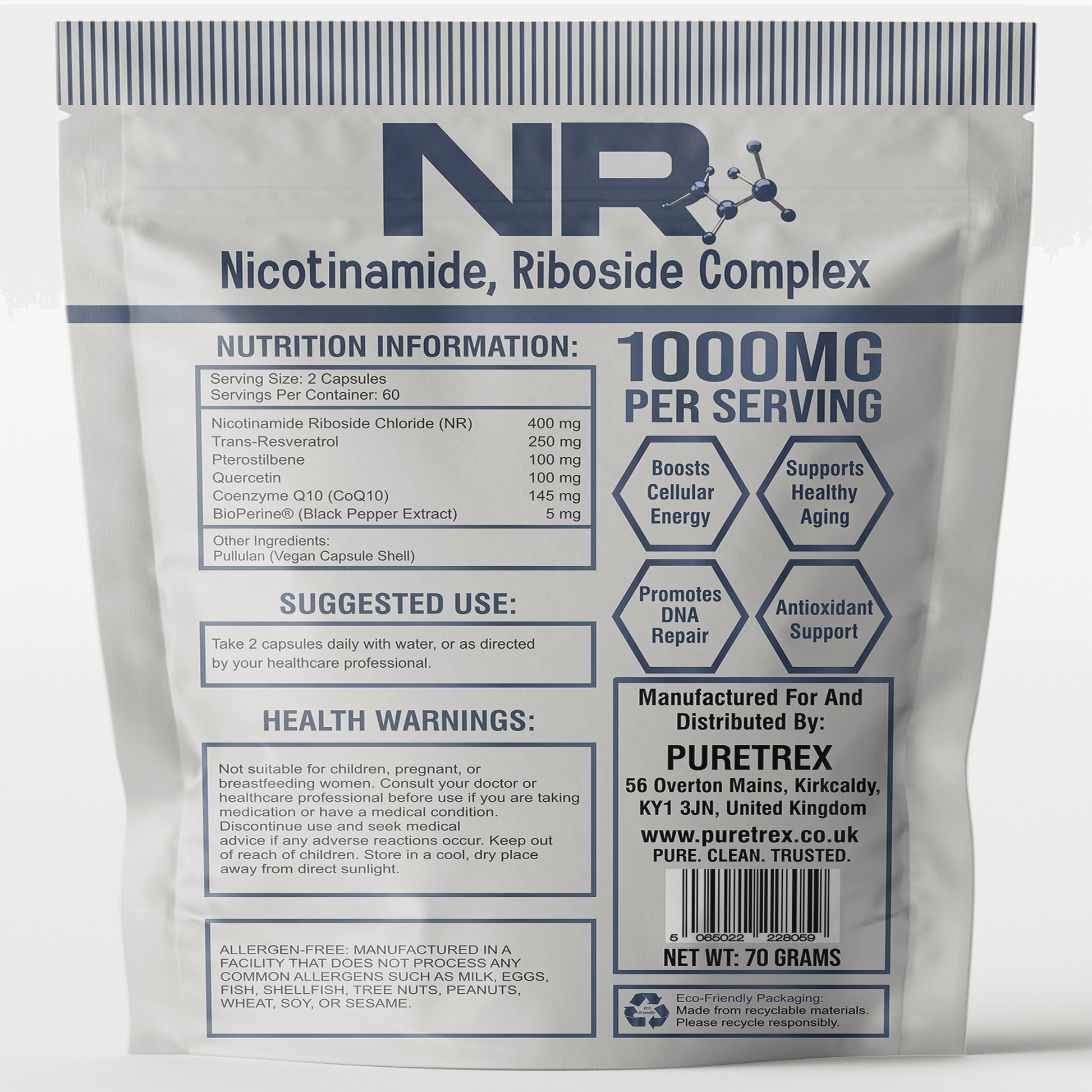 NR Nicotinamide Riboside Complex Capsules - back of packaging with nutrition facts