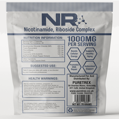 NR Nicotinamide Riboside Complex Capsules - back of packaging with nutrition facts