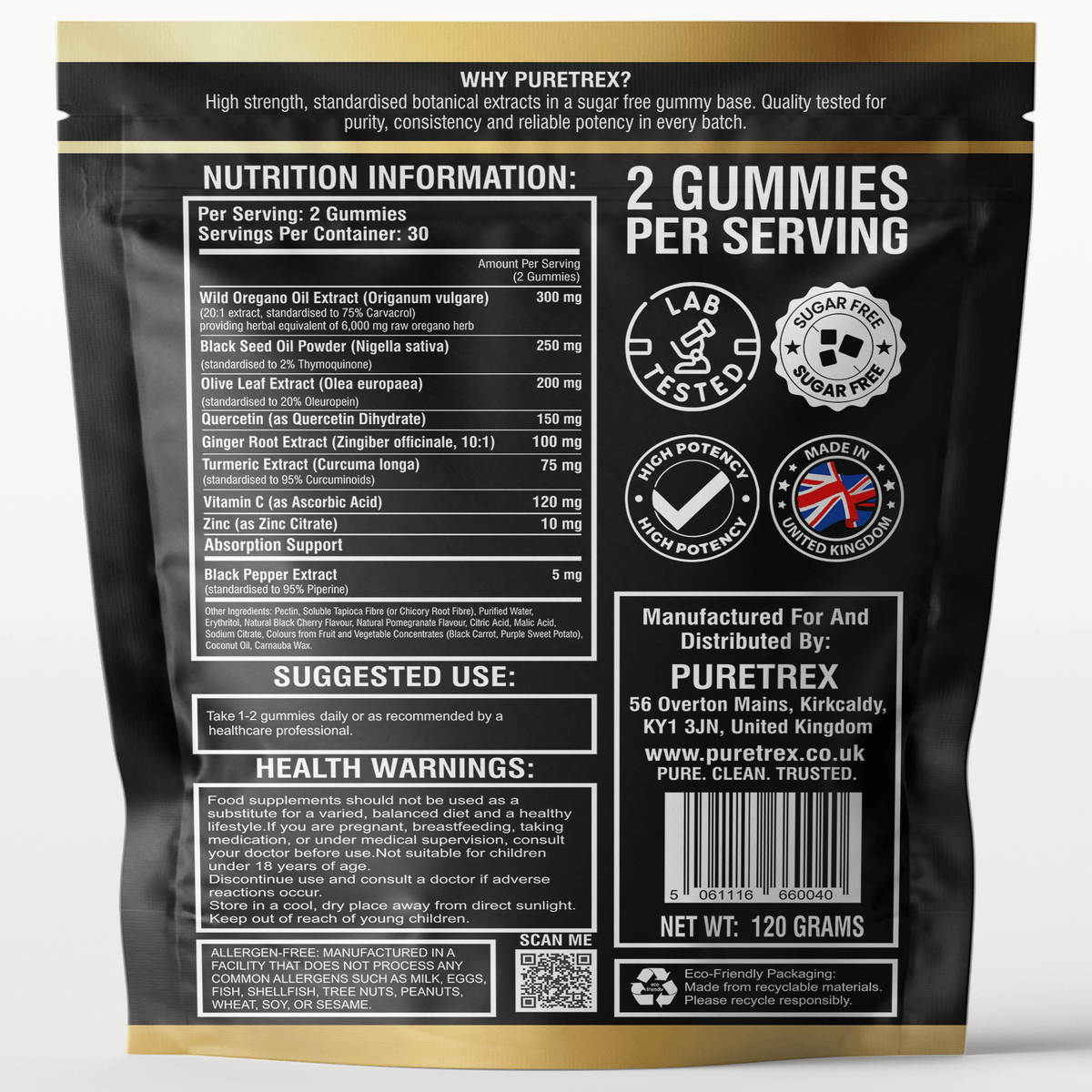 Wild Oregano Oil Gummies - back of packaging with nutrition facts