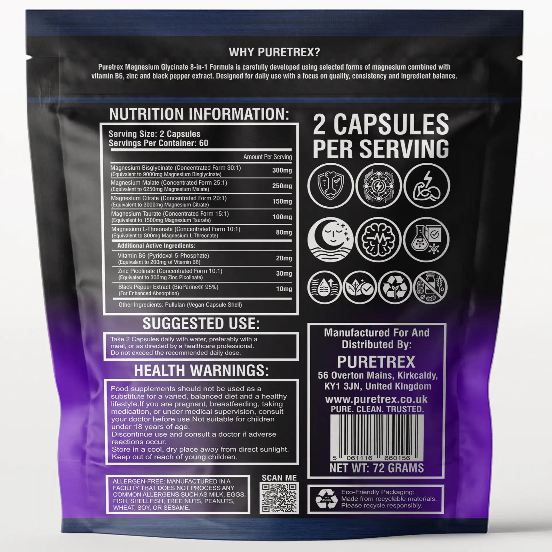 Magnesium Glycinate Complex - back of packaging with supplement facts