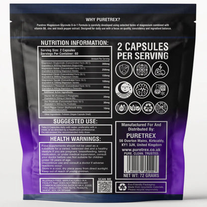 Magnesium Glycinate Complex - back of packaging with supplement facts