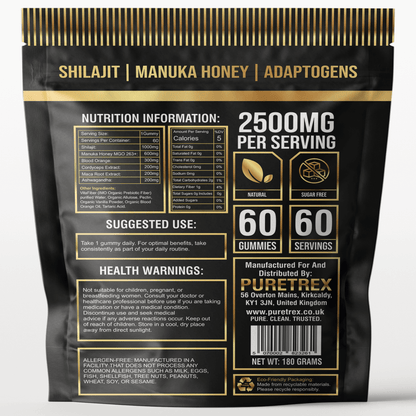 Shilajit Gummies Bag with Manuka Honey & Blood Orange Gum... - back of packaging with nutrition facts