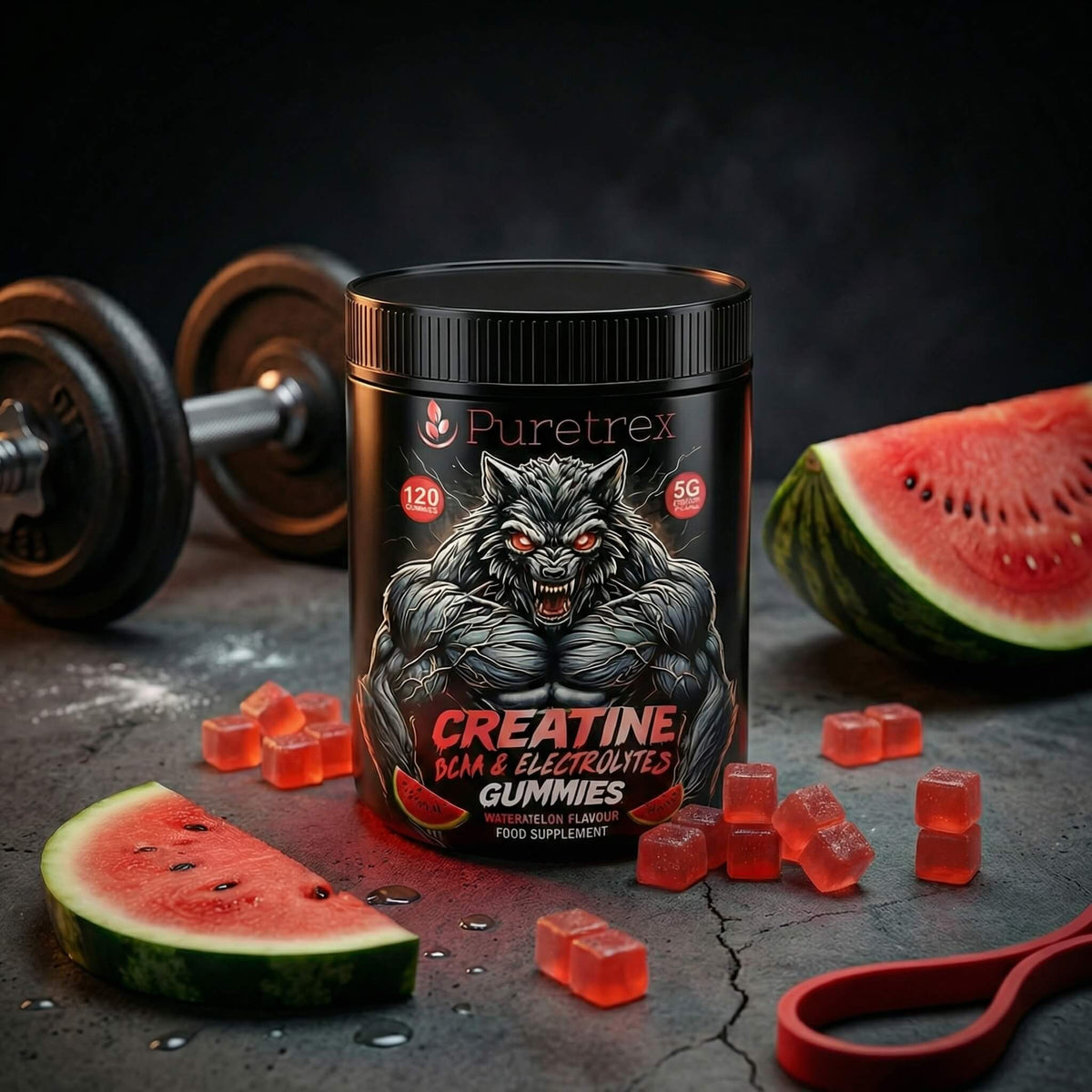 Puretrex Creatine Gummies container with watermelon and gummies on a dark surface