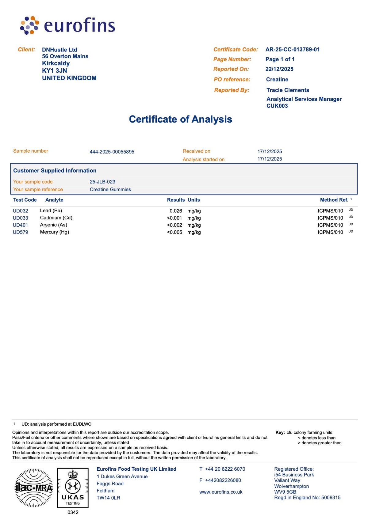Certificate of Analysis — heavy metals test results for 5g Creatine Gummies + BCAA & Electrolytes – Arctic Dragon Fruit Shock