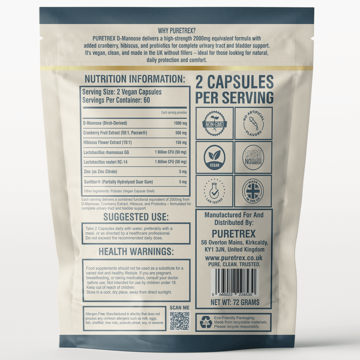 Back of PURETREX D-Mannose Complex pouch showing nutrition information, ingredients list, suggested use, health warnings, vegan and non-GMO icons, and UK manufacturing details.