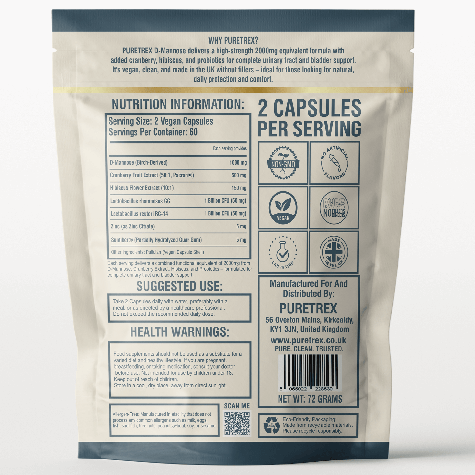 Back of PURETREX D-Mannose Complex pouch showing nutrition information, ingredients list, suggested use, health warnings, vegan and non-GMO icons, and UK manufacturing details.