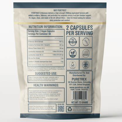 Back of PURETREX D-Mannose Complex pouch showing nutrition information, ingredients list, suggested use, health warnings, vegan and non-GMO icons, and UK manufacturing details.