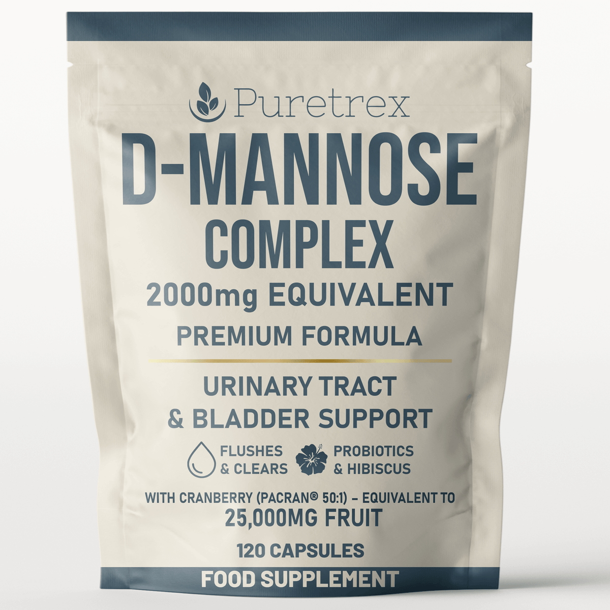 PURETREX D-Mannose Complex 2000mg Equivalent – Premium Formula with Cranberry, Hibiscus, Probiotics & Zinc, 120 Vegan Capsules Pouch