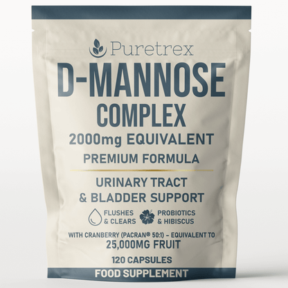 PURETREX D-Mannose Complex 2000mg Equivalent – Premium Formula with Cranberry, Hibiscus, Probiotics & Zinc, 120 Vegan Capsules Pouch