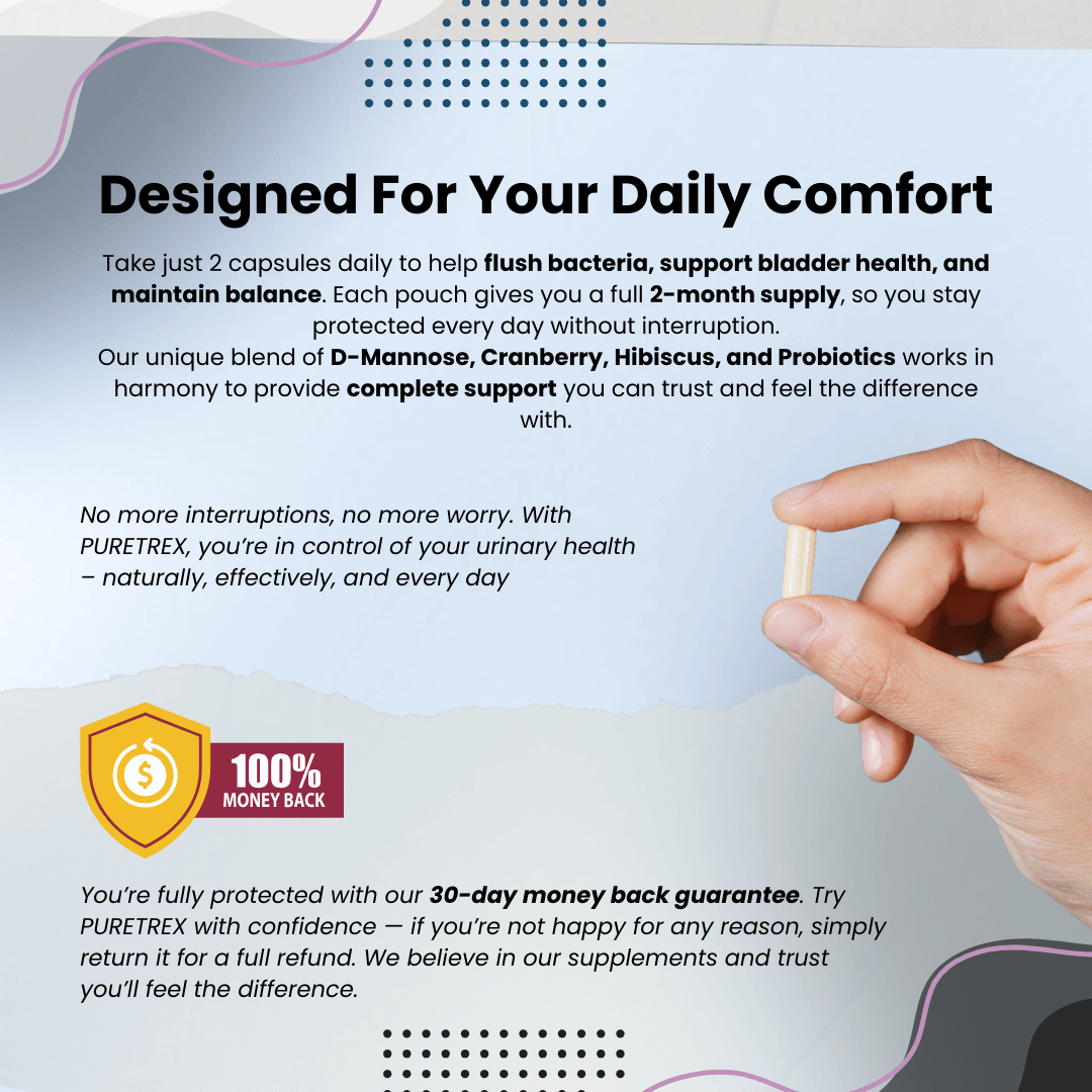 PURETREX D-Mannose Complex promotional graphic highlighting daily use, 2-month supply, blend of D-Mannose, Cranberry, Hibiscus, Probiotics, and 30-day money-back guarantee.