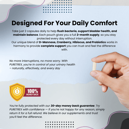 PURETREX D-Mannose Complex promotional graphic highlighting daily use, 2-month supply, blend of D-Mannose, Cranberry, Hibiscus, Probiotics, and 30-day money-back guarantee.