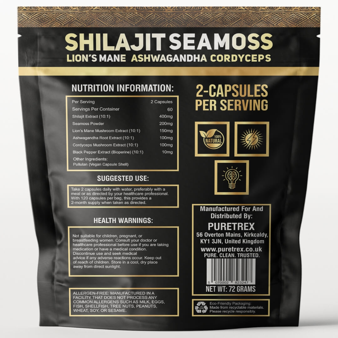 Shilajit with Sea Moss, Lion's Mane, Ashwagandha & Cordyceps - back of packaging with nutrition facts