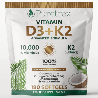 Vitamin D3 10,000 IU + K2 500mcg MK7 with Coconut Oil - softgels pouch by PURETREX