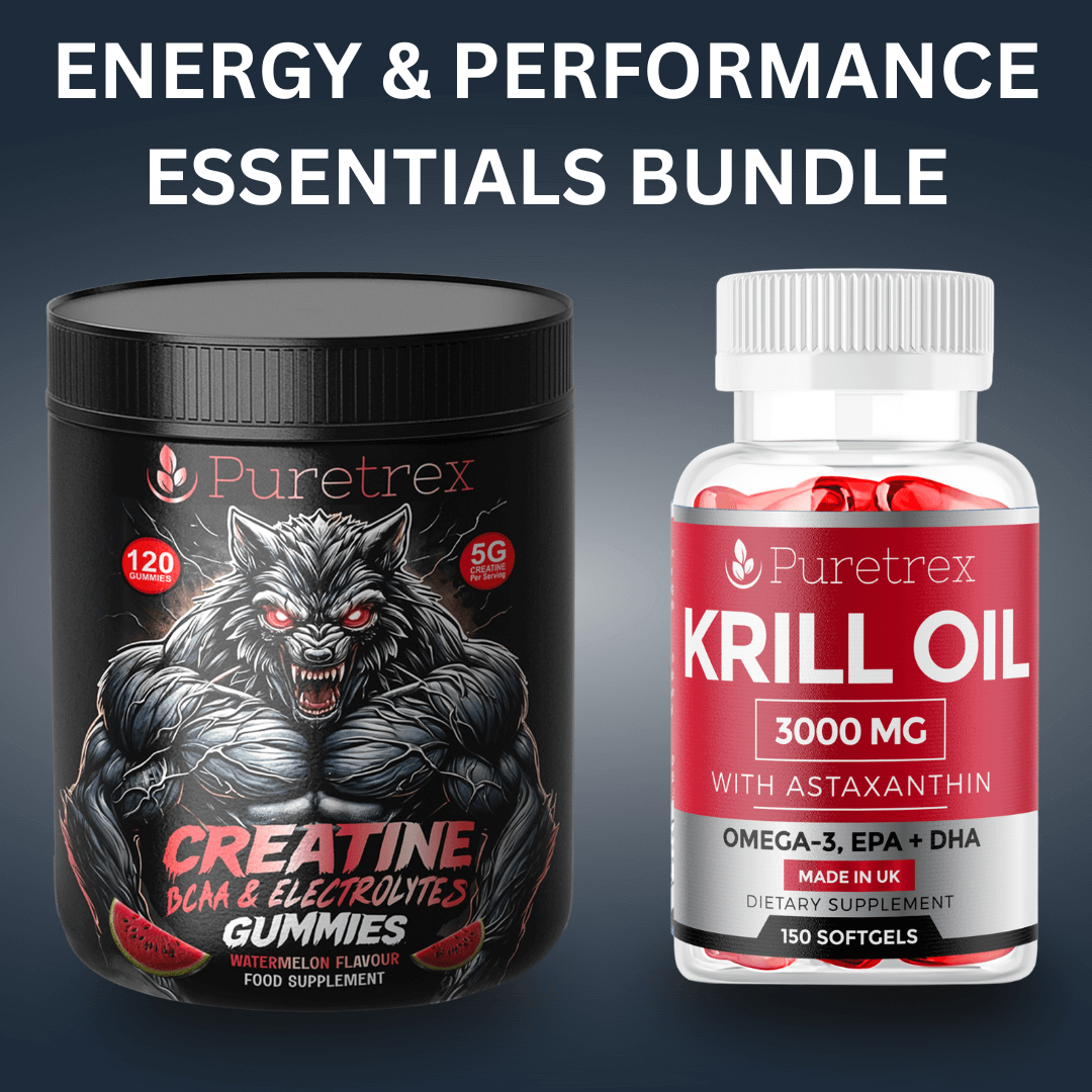 Bundle with creatine gummies and krill oil softgels for daily energy, strength, and performance support.