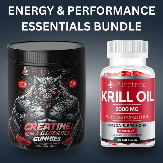 Bundle with creatine gummies and krill oil softgels for daily energy, strength, and performance support.