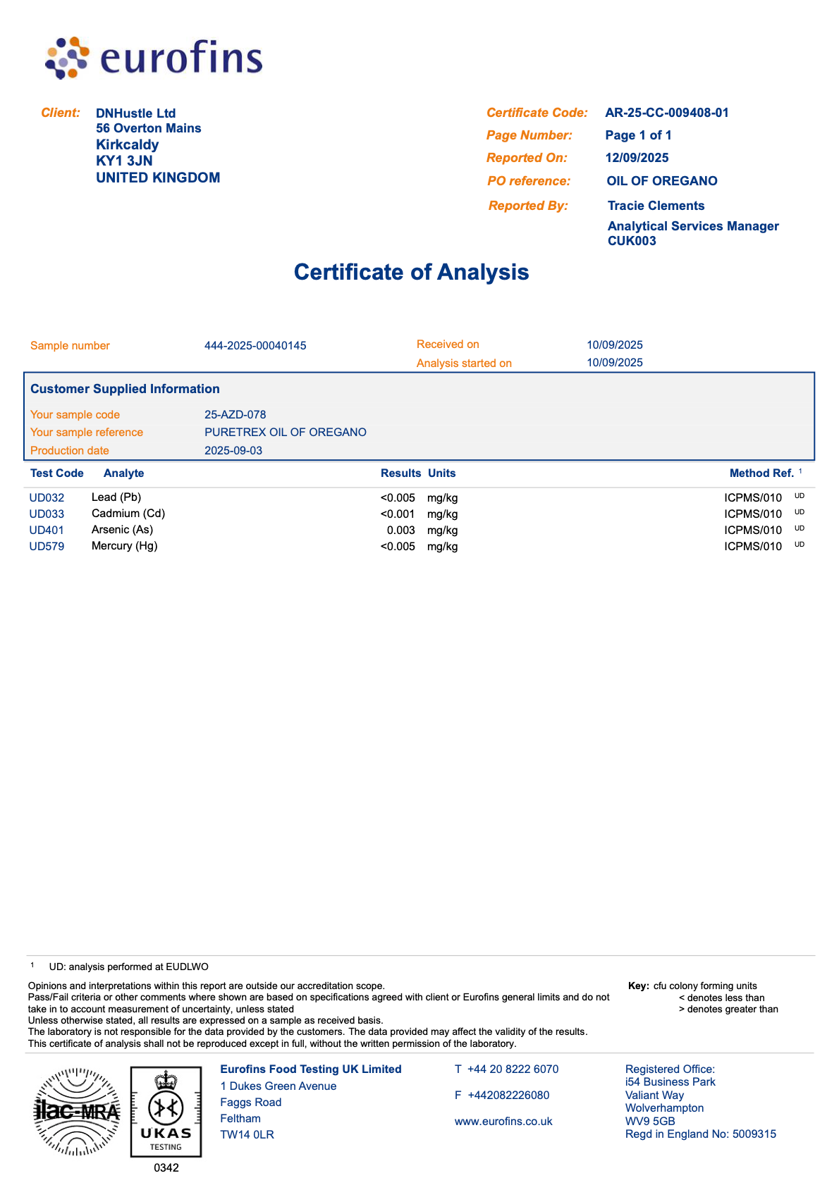 Eurofins Certificate of Analysis for a sample of PURETREX Oil Of Oregano Softgels

