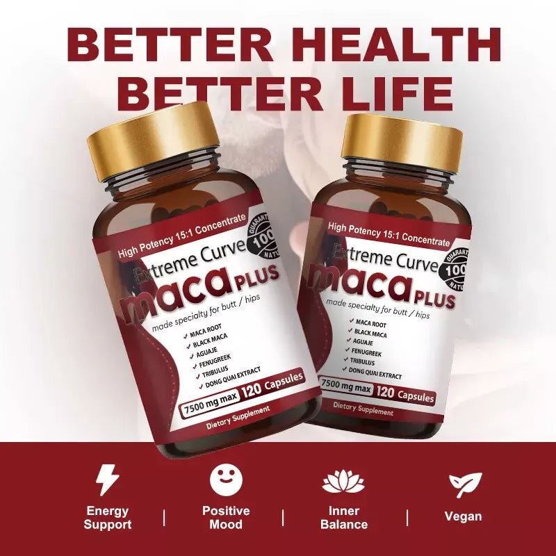 Extreme Curve Maca Plus bottle promoting better absorption and superior results, displayed with health-focused lifestyle icons.