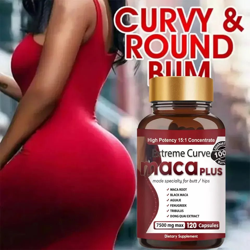 Extreme Curve Maca Plus supplement bottle with fitness model image, associated with curvy and round body support.