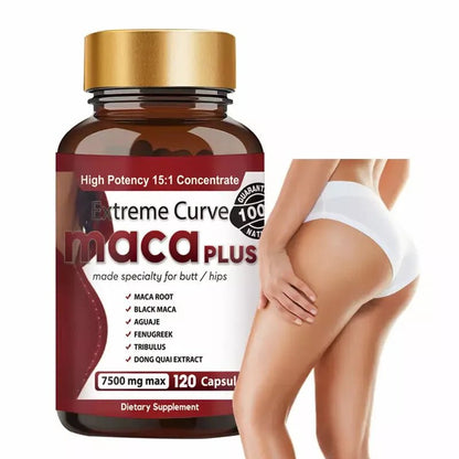 Extreme Curve Maca Plus capsules shown with body figure illustration, highlighting natural support for curves, hips, and wellness.