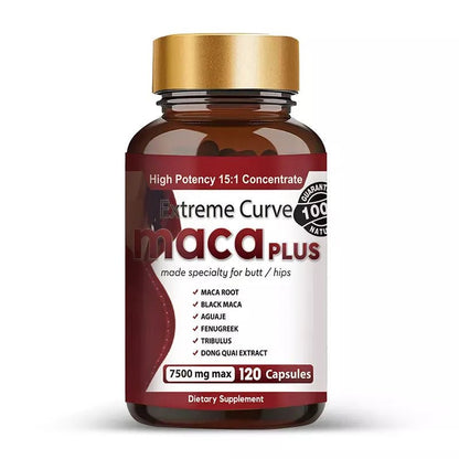 Extreme Curve Maca Plus capsules, 7500mg max strength, 120 capsules, with maca root, black maca, fenugreek, tribulus, and dong quai extract.