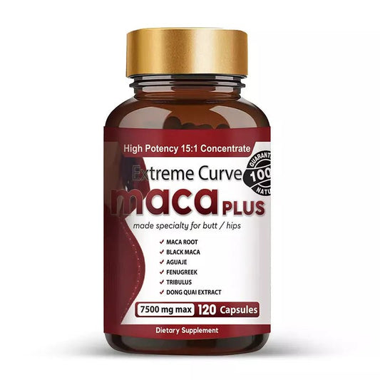 Extreme Curve Maca Plus capsules, 7500mg max strength, 120 capsules, with maca root, black maca, fenugreek, tribulus, and dong quai extract.
