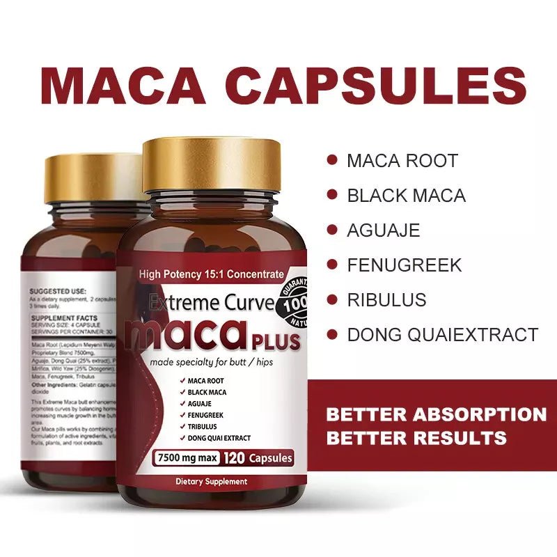 Extreme Curve Maca Plus capsules with key ingredients highlighted – maca root, black maca, ashwagandha, fenugreek, tribulus, and dong quai extract.
