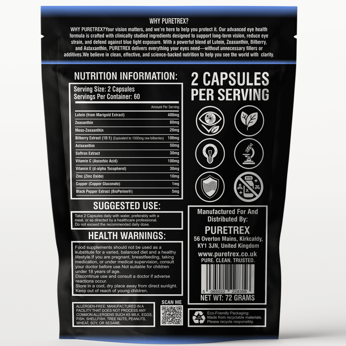 Back of PURETREX Eyeshield 360 supplement packaging with full nutrition information, suggested use, health warnings, and manufacturer details.
