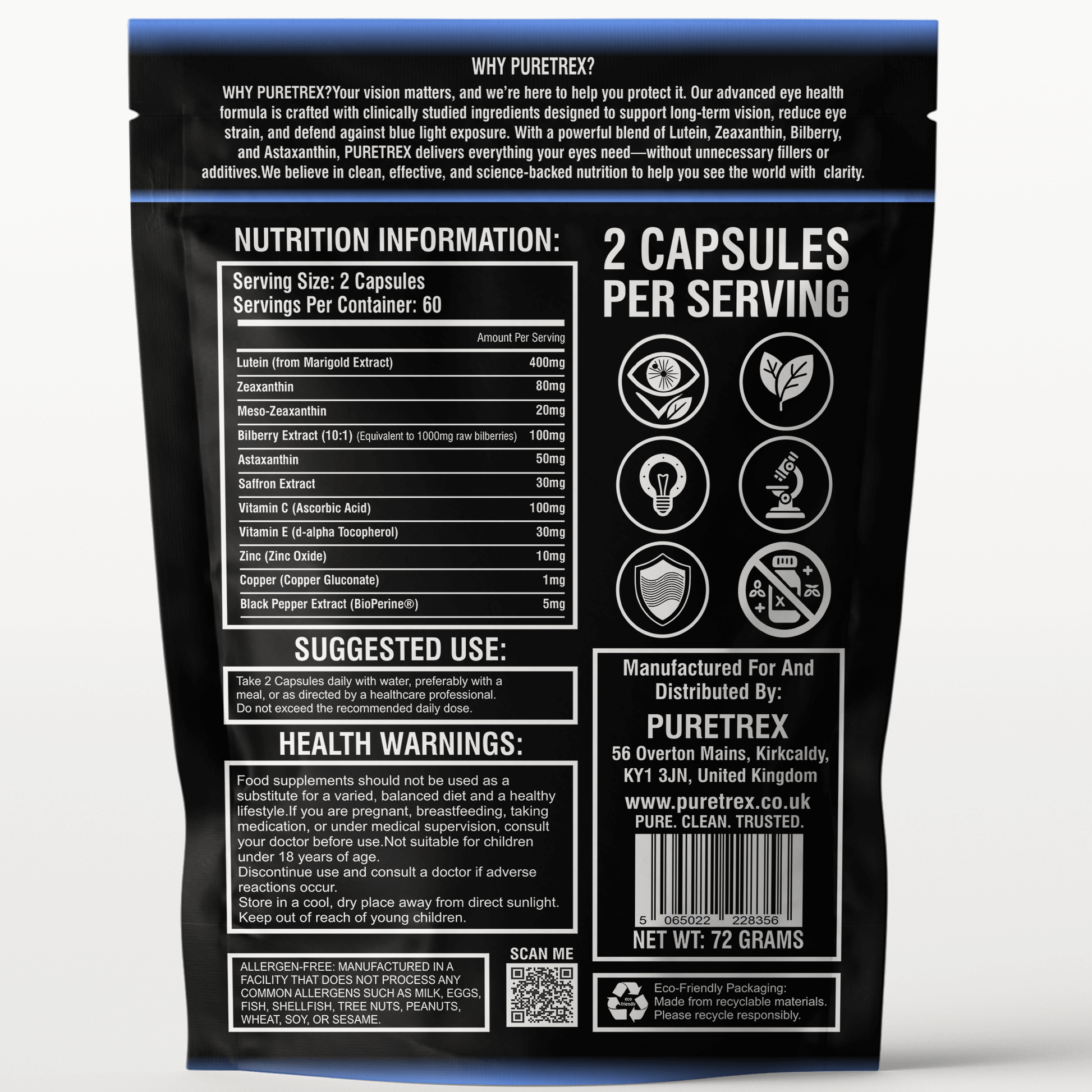 Back of PURETREX Eyeshield 360 supplement packaging with full nutrition information, suggested use, health warnings, and manufacturer details.