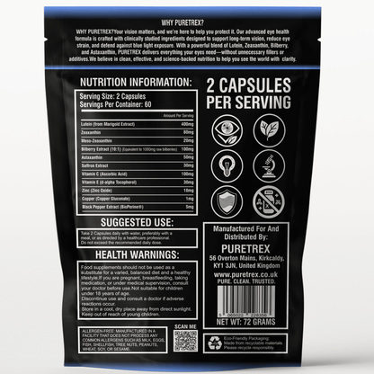 Back of PURETREX Eyeshield 360 supplement packaging with full nutrition information, suggested use, health warnings, and manufacturer details.