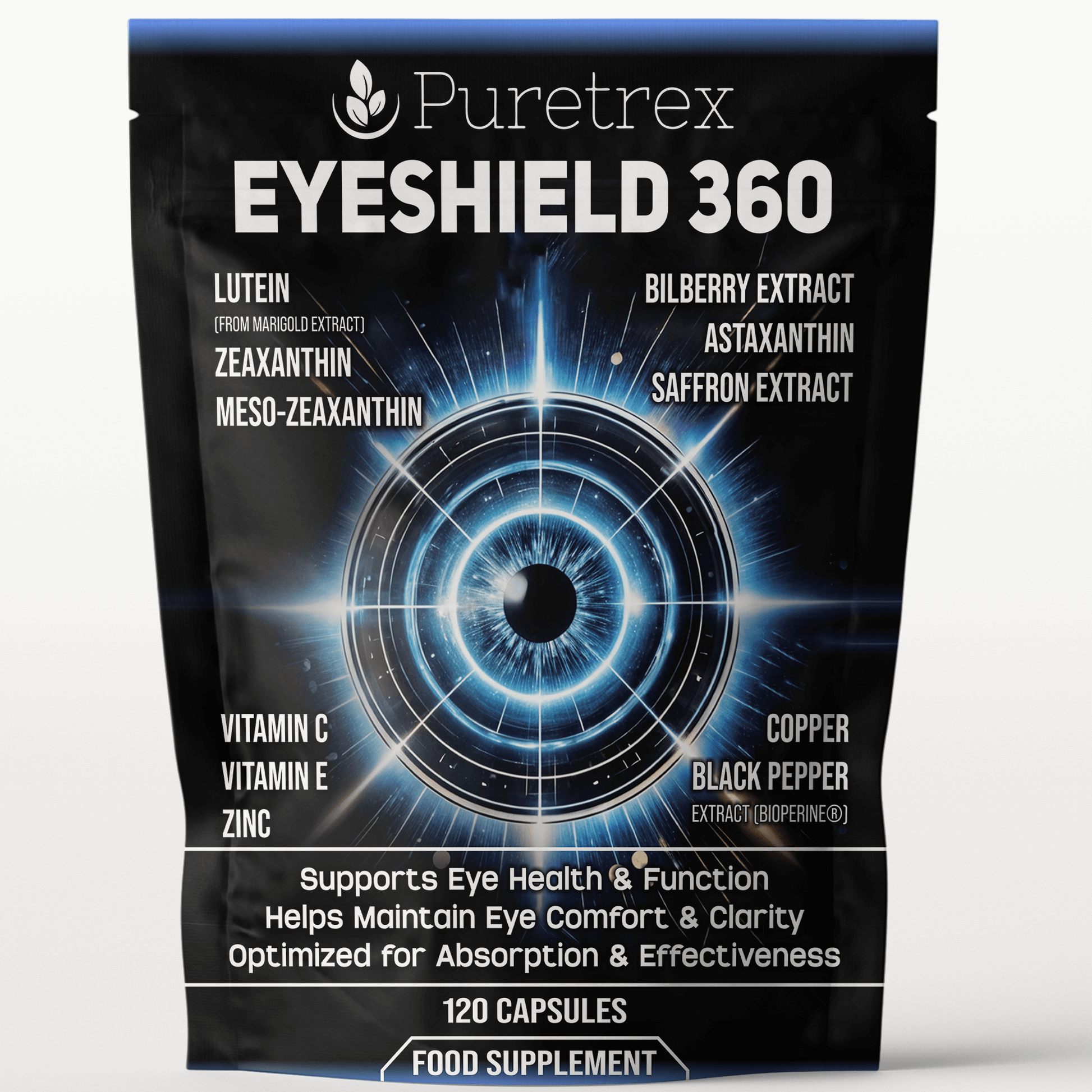 Front view of PURETREX Eyeshield 360 vision support supplement, highlighting ingredients Lutein, Zeaxanthin, Bilberry, Astaxanthin, Saffron, and antioxidants for eye health.