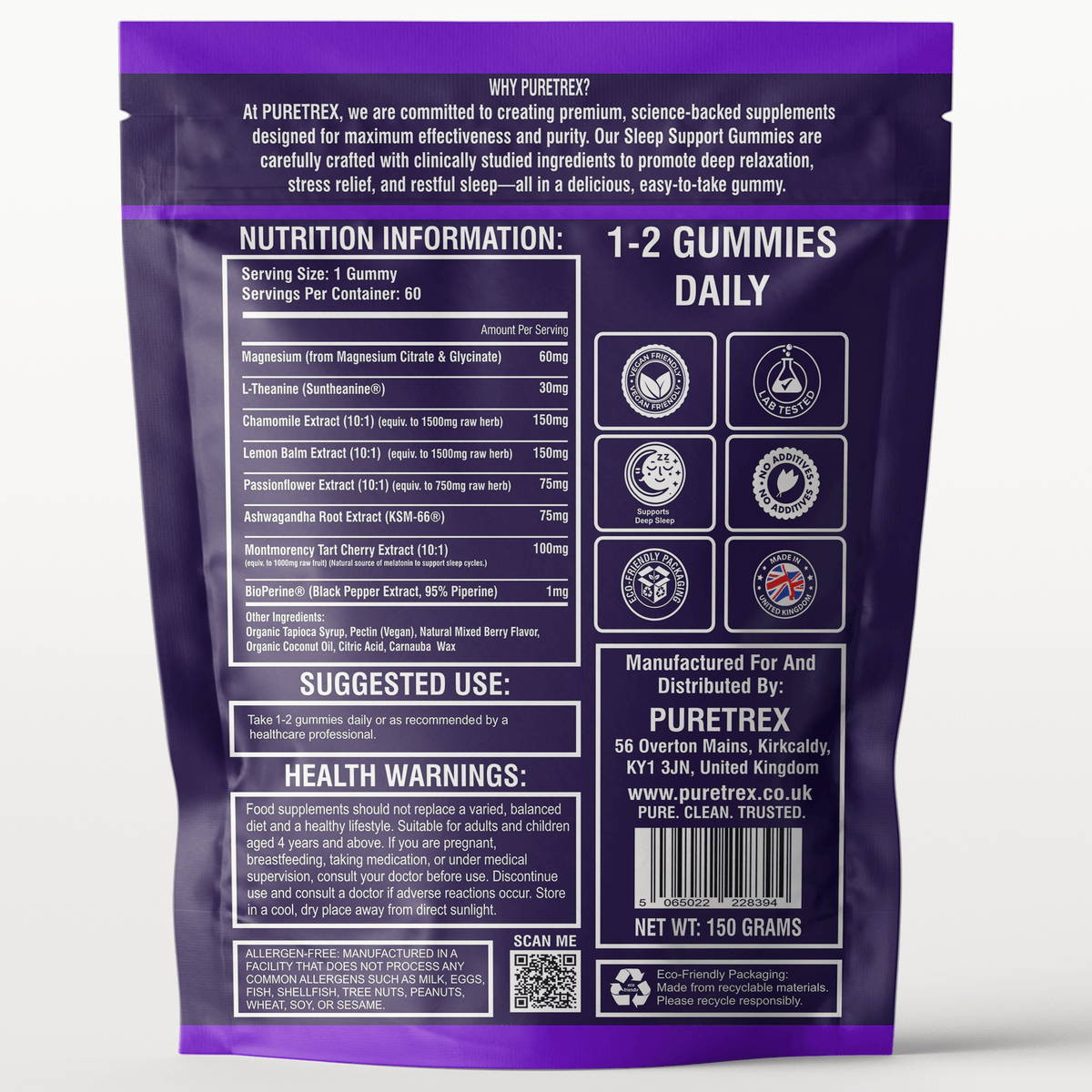 Family Sleep Gummies for Adults & Kids (4+) - back of pouch packaging by PURETREX