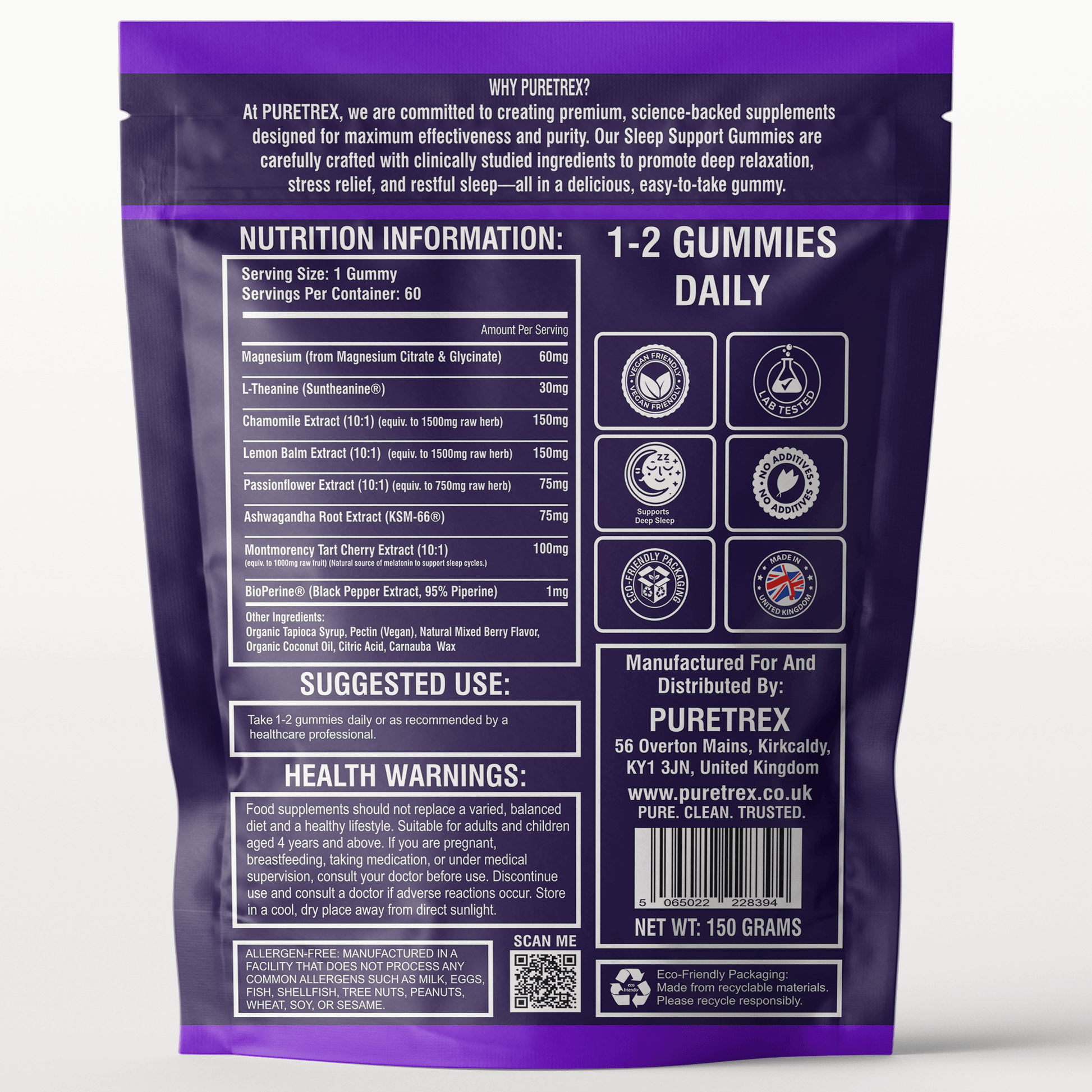 Family Sleep Gummies for Adults & Kids (4+) - back of pouch packaging by PURETREX