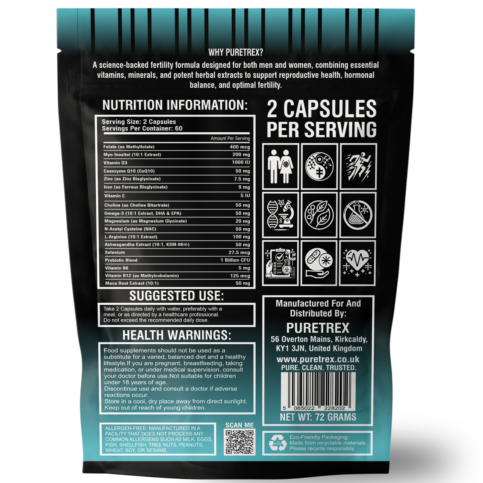 Backside of PURETREX Fertility Support Complex package with nutrition information, suggested use, and certifications.