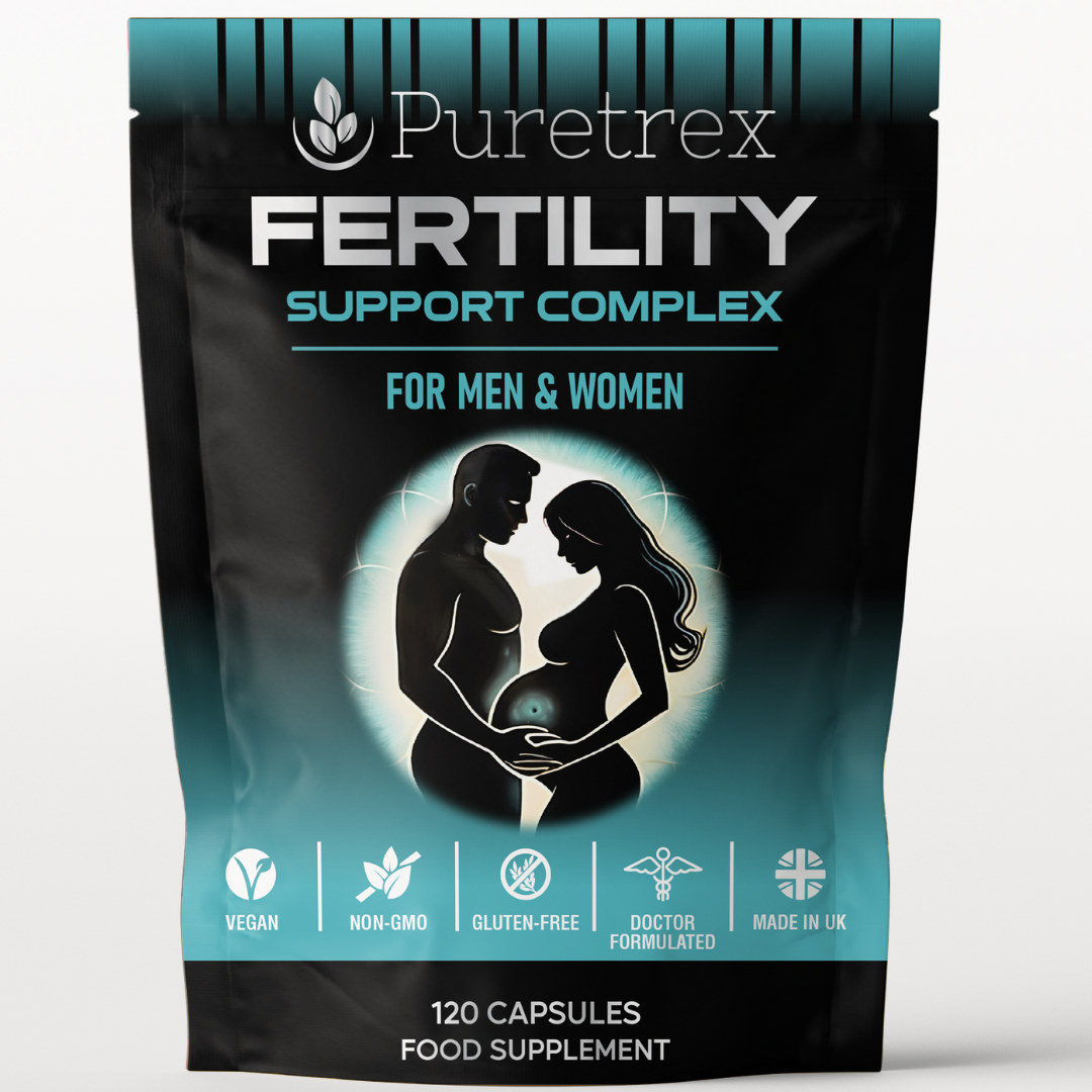 Front packaging of PURETREX Fertility Support Complex designed for men and women, supporting reproductive health and vitality.