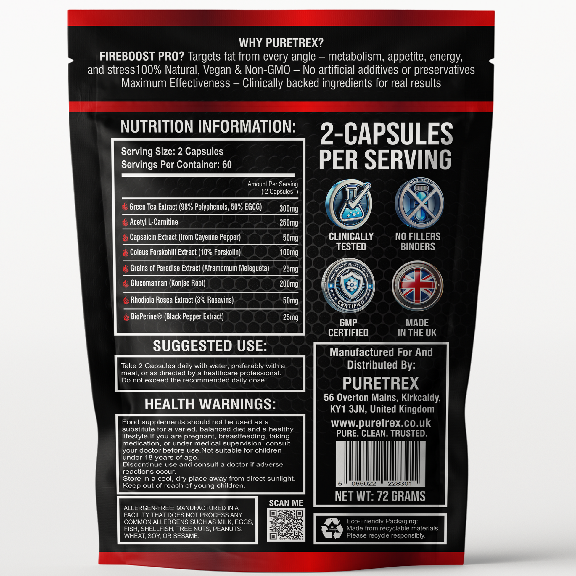 Back label of PURETREX FireBoost Pro showing nutrition information, suggested use, and health warnings.