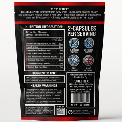 Back label of PURETREX FireBoost Pro showing nutrition information, suggested use, and health warnings.