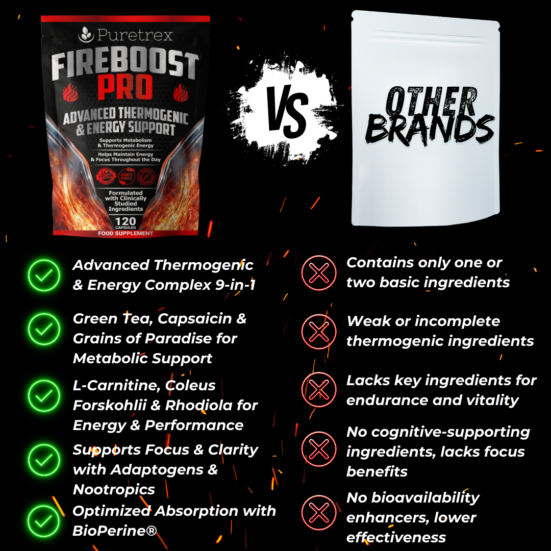 Comparison chart of PURETREX FireBoost Pro vs other brands, highlighting advanced thermogenic 9-in-1 formula and superior absorption.