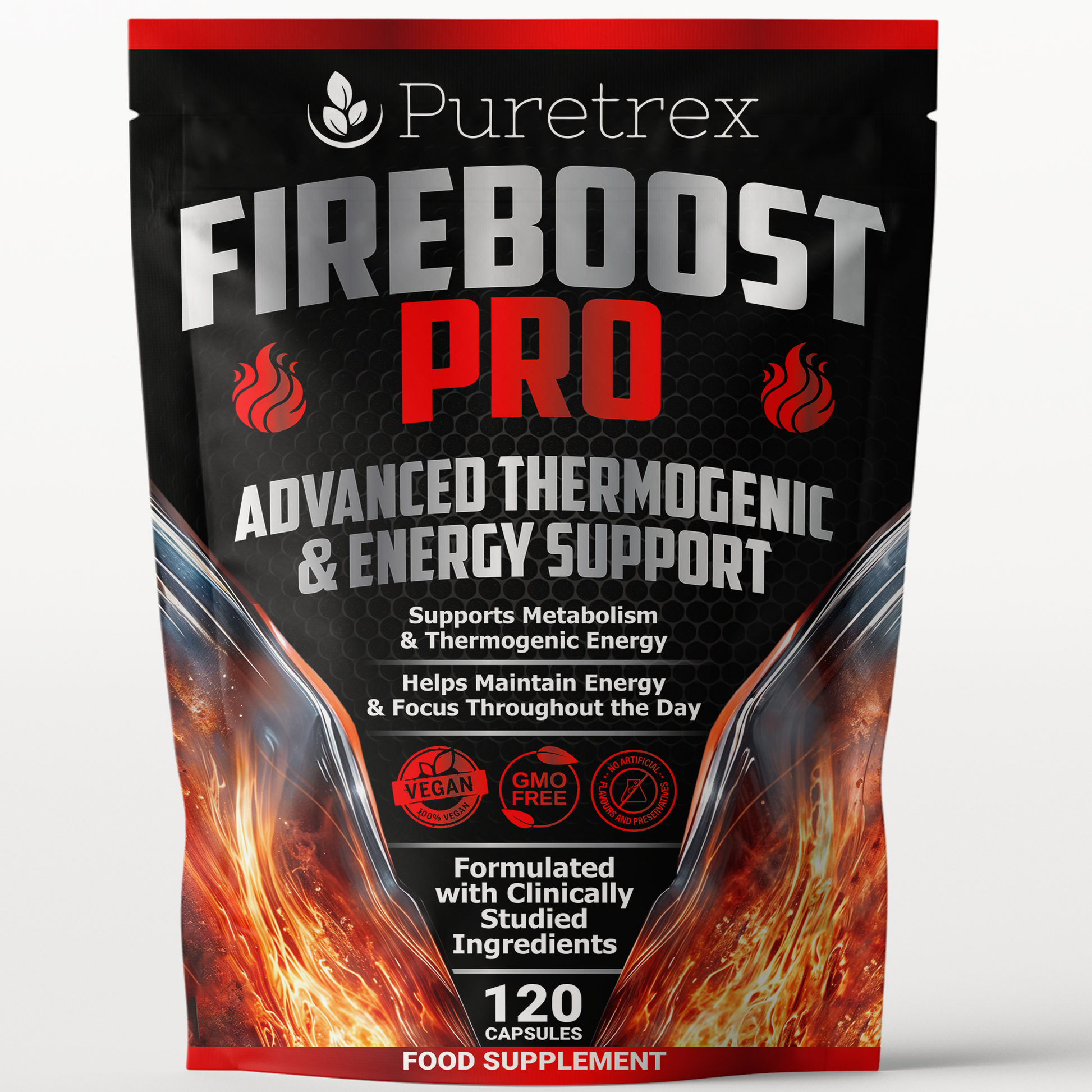 Front packaging of PURETREX FireBoost Pro Advanced Thermogenic & Energy Support, showing product name, benefits for metabolism, energy, and focus.