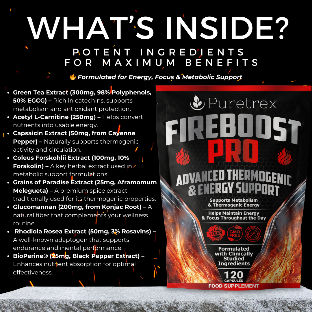 PURETREX FireBoost Pro supplement ingredients list including green tea, L-carnitine, cayenne, grains of paradise, rhodiola, and BioPerine.