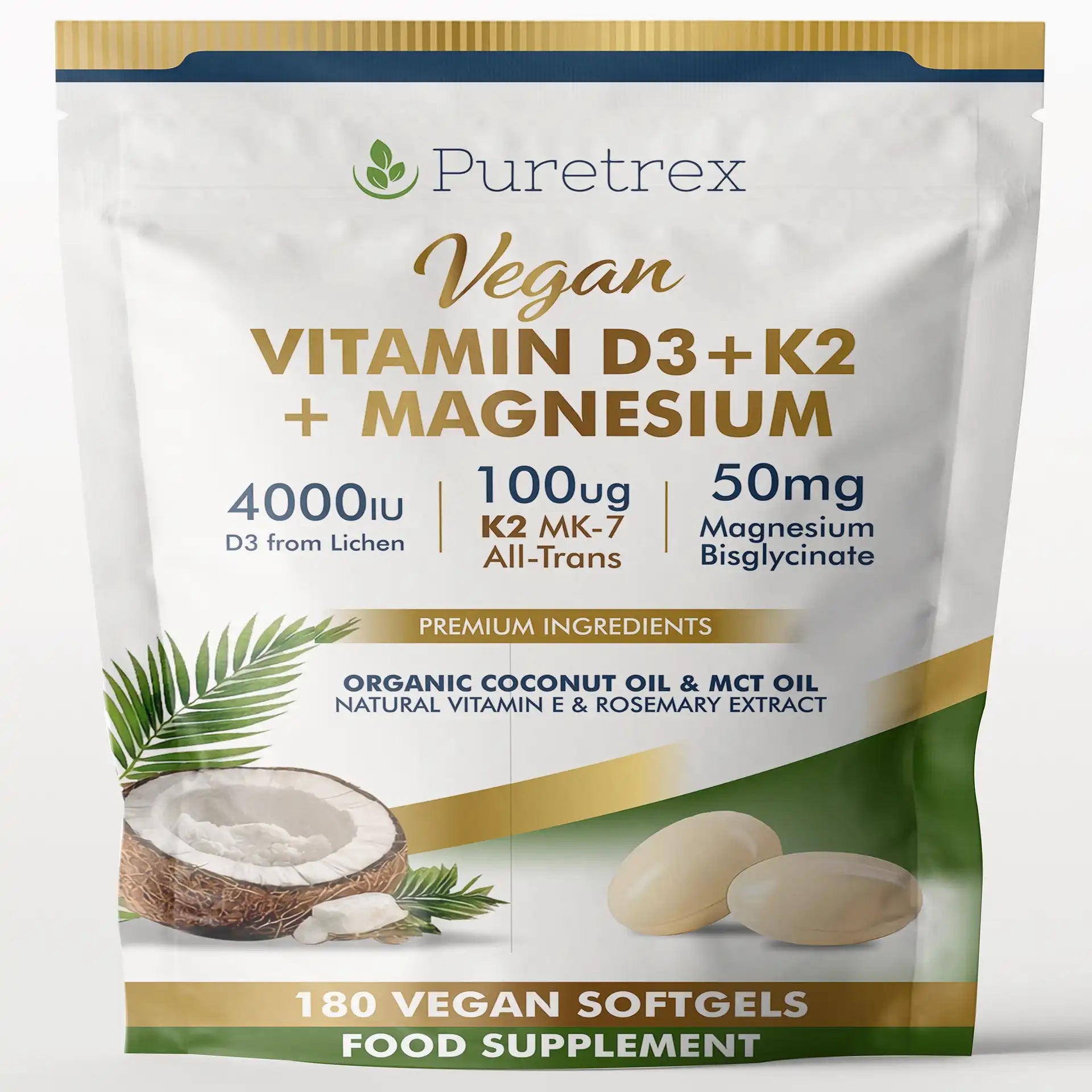 Puretrex Vegan Vitamin D3+K2+Magnesium supplement package on a white background