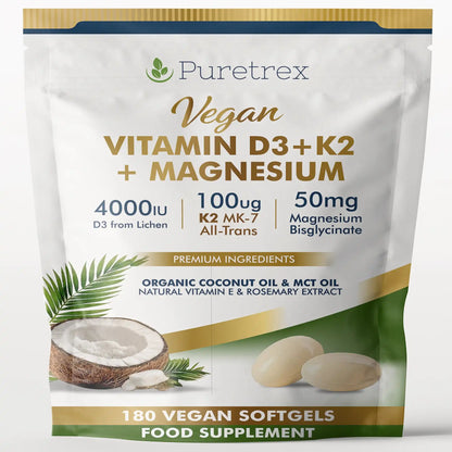 Puretrex Vegan Vitamin D3+K2+Magnesium supplement package on a white background